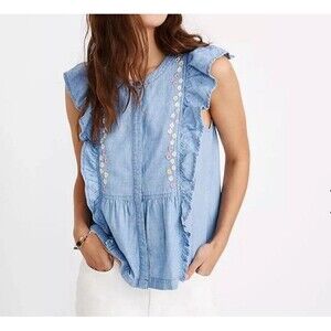 Madewell Women's Floral Embroidered Denim Ruffle Cap Sleeve Top  Size M